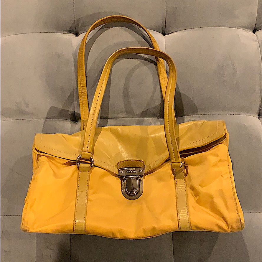 Authentic Prada Yellow Tessuto Nylon Buffalo Leather Easy Shoulder Tote